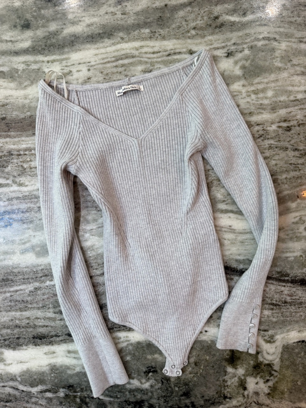 Abercrombie & Fitch Light Gray Ribbed V-Neck Long Sleeve Bodysuit